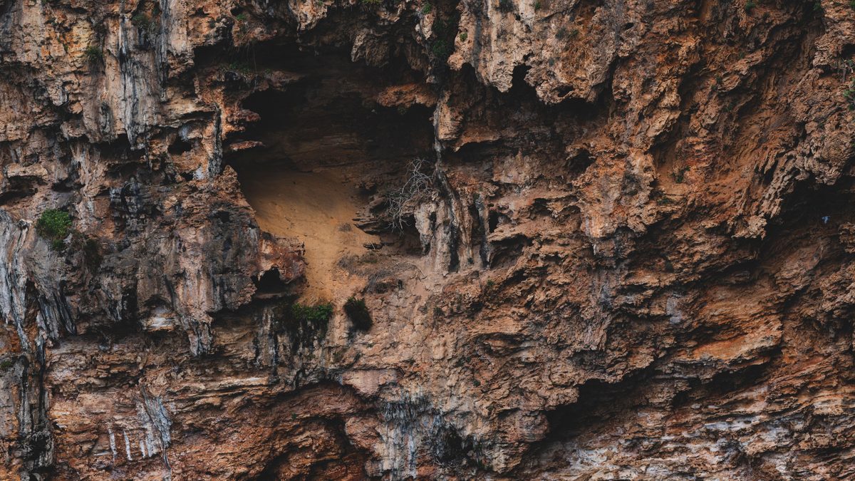 Close-up of a rugged cliff showing exposed sedimentary rock layers and natural erosion.