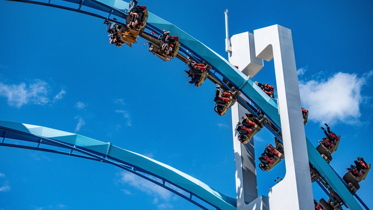 Exciting roller coaster ride captured at a theme park under clear blue skies in Sandusky, Ohio.