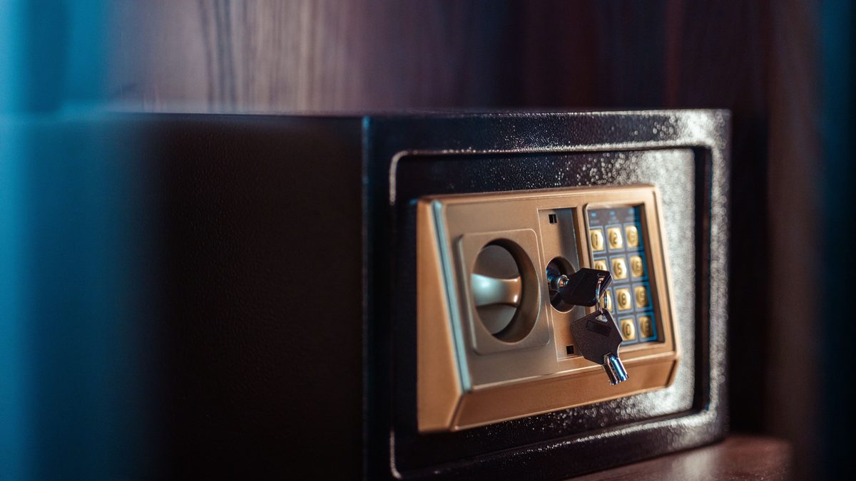 Close-up image of an electronic safe with a key in Baghdad, Iraq.