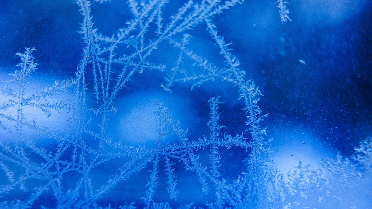 Detailed view of delicate frost formations on a blue-tinted glass surface.