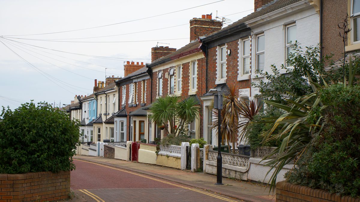 A picturesque view of colorful terraced houses lining a tree-lined alley in Liverpool, England.