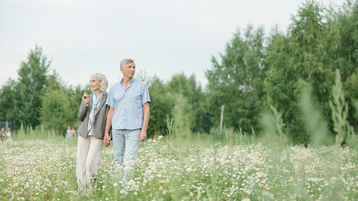 A senior couple enjoying a peaceful walk through a lush flower field on a sunny day.