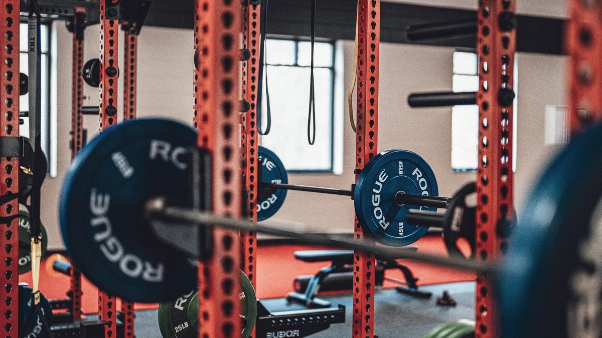 Loaded barbells resting in orange squat racks in a gym, with blue and green weight plates in the foreground and a bench and window behind.