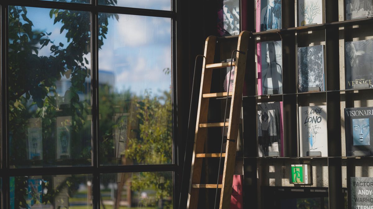 A wooden ladder leaning against a bookshelf in a sunlit library near a window.